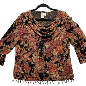 COLDWATER CREEK Glittery Floral Tunic 3/4 Sleeves Cowl-neck Beaded Hemline